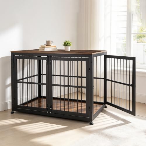 48" Rustic Heavy Duty Dog Crate Furniture for Extra Large Dogs (Black + Rustic Brown / 48.0"L x 30.1"W x 33.9"H)