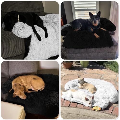 Calming Dog Bed Fluffy Plush Dog Mat for Furniture Protector with Removable Washable Cover for Large Medium Small Dogs and Cats (Black / 41.0"L x 37.0"W x 6.0"Th)