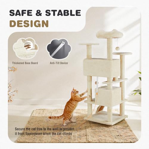 54 Inch Cat Tree Tower with Natural Sisal Scratching Post (Cream / 54"×19.7"×19.7")