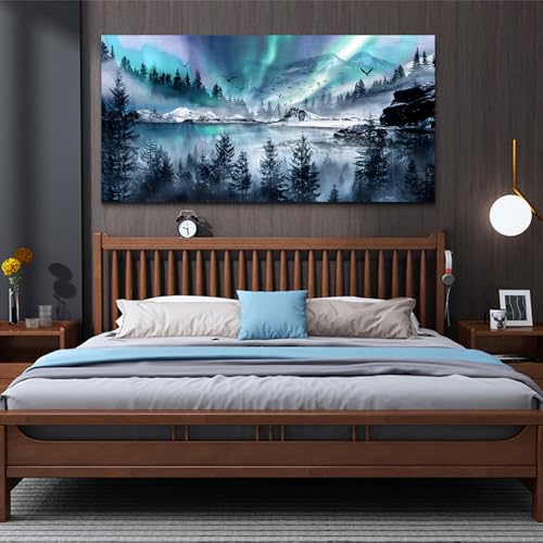 Modern Canvas Wall Art For Office Large Wall Decorations For Living Room Stretched And Framed Canvas Prints Paintings Blue Aurora Scenery Wall Pictures Artwork Hotel Mural Ready To Hang (60"L x 30"W / Blue Aurora Scenery Wall Pictures)
