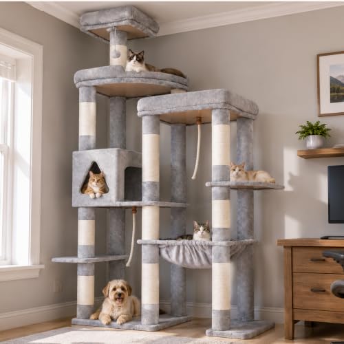 Cat Tree Tower with Stable Extended Base (Light Gray / 71.9 Inches)