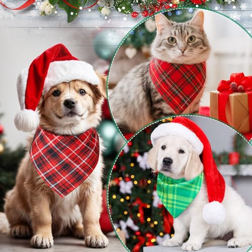 100 Pcs Christmas Plaid Dog Bandanas Bulk (Christmas Plaid / 19.7 x 13.8 x 13.8 Inch)