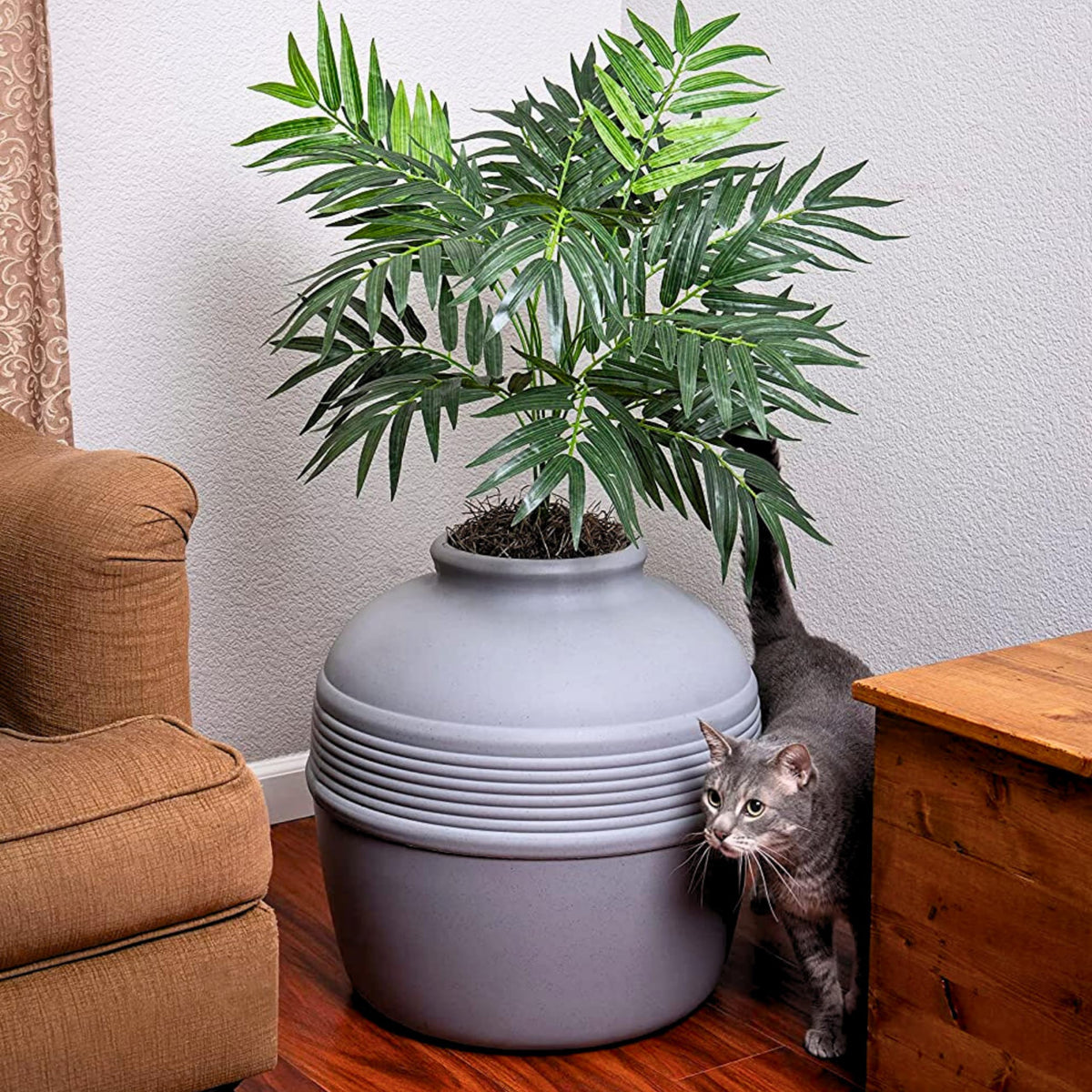Original Hidden Litter Box Planter (Palm Plant / Essentials Kit / Pebble Gray)