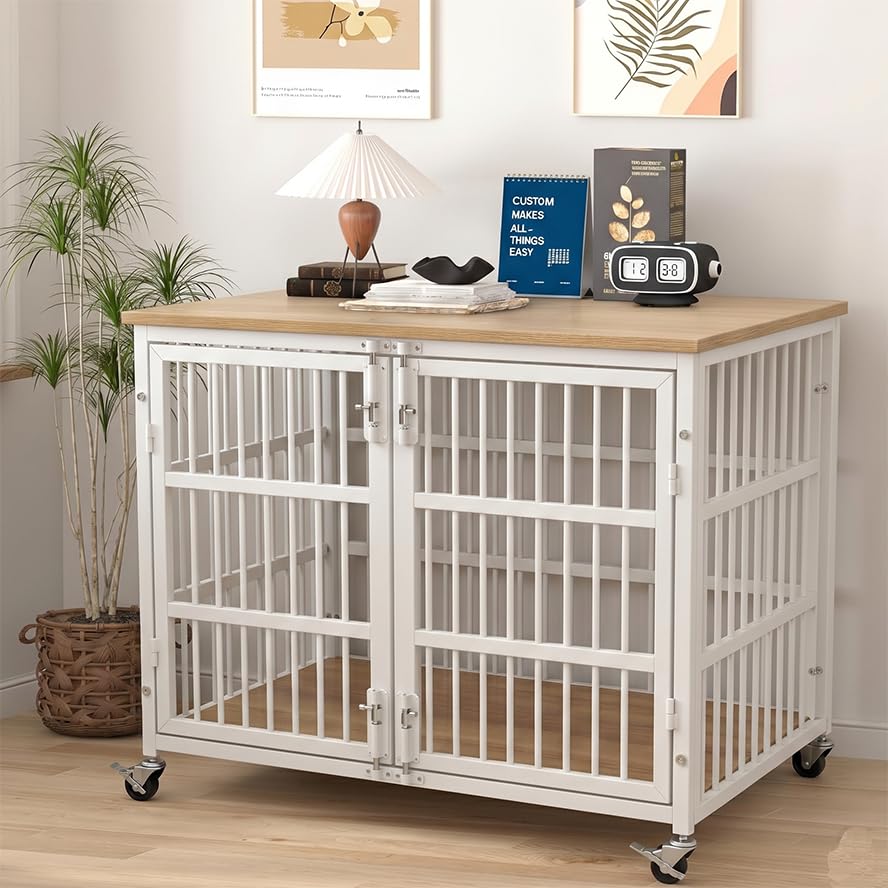 42" Heavy Duty Dog Crate Furniture for Large and Medium Dogs (White + Natural)