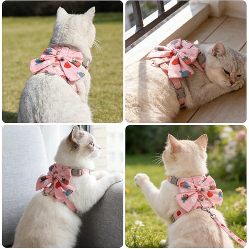 Cat Harness and Leash Set Escape Proof with Bow Knot (Pink Strawberry)