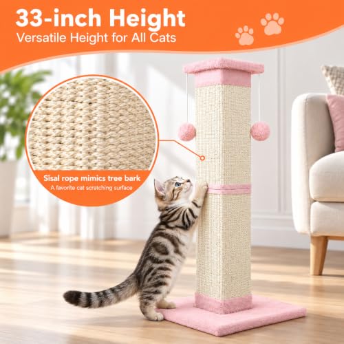 Cat Scratching Post 33 Inch Nature Sisal Cat Scratch Post for Indoor Cats (Pink)