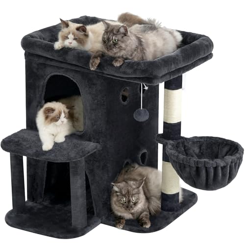 26.3" Cat Tree for Large Cats with Big Perch & Dual Condos HCT204SG (Smoky Gray / 26.3 inch)