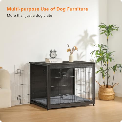 38.5" XL Dog Crate Furniture with Cushion (Dark Gray / 38.5"L x 25.6"W x 26.8"H)
