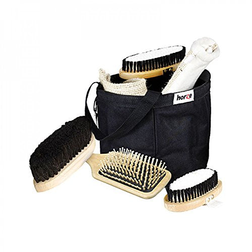 7 Piece Set Wooden Horse Grooming Kit with Nylon Grooming Tote Bag (Black / 7 Count (Pack of 1))