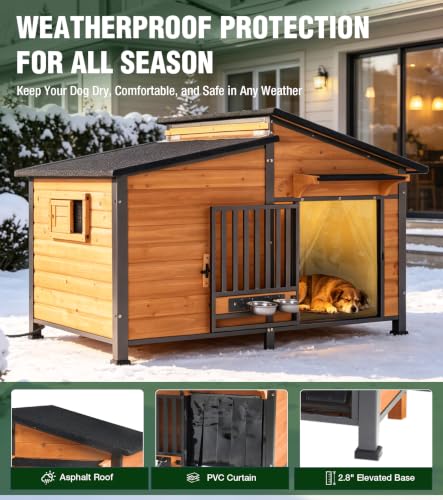 Extra Large Heated Dog House Outdoor with Iron Frame and Rotating Bowls