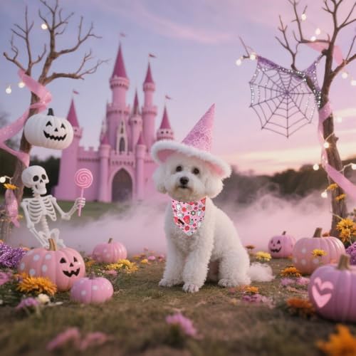 Halloween Dog Bandana Washable Cotton Handkerchief Scarf Triangle Flower Ghost Pink Bandanas for Small Medium Dogs Girl (Flower Ghost / Small (Pack of 1))