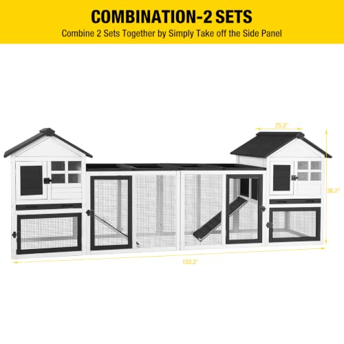 Rabbit Hutch Indoor Bunny Cage Outdoor with Run Chicken Coop Guinea Pig House with Waterproof Asphalt Roof (51.6"L x 25.2"W x 36.2"H / White)