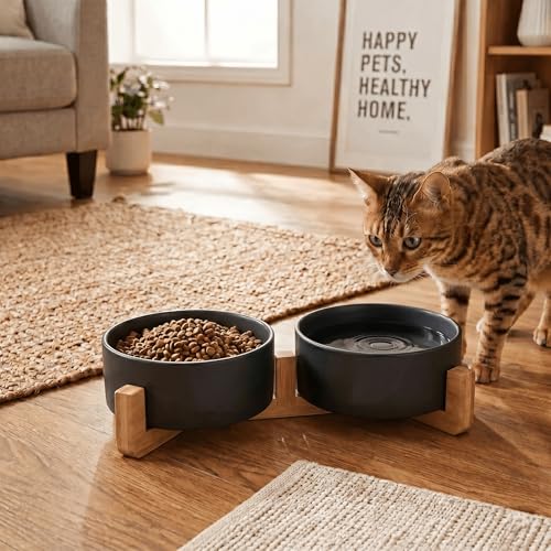 Ceramic Dog and Cat Bowl Set with Wooden Stand (1.7 cups / Black × 2)