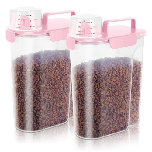 5-7LBS/6Qt Dog Cat Storage Container Portable with Upgraded Large Spout and Cup, Plastic Pet Food Dispenser for Small Animal Kibble, Bird Seed, Oatmeal, Rice, Flour, Brown Sugart-2 pack Smoky Pink (Light Pink×2 / 5L-2pack)