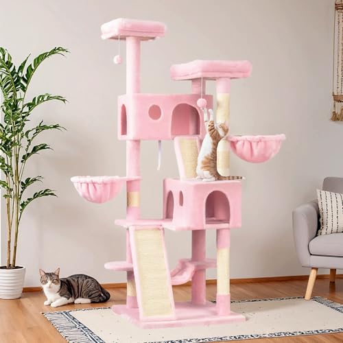 65in Multi Level Large Cat Tree Tower for Indoor Kitties (Pink)