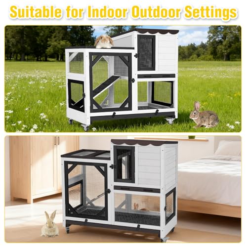 2 Story Large 39.3" Rabbit Hutch (Black/White / 39.3"L x 22.0"W x 36.8"H)
