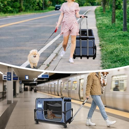 Side Expandable Extra Large Cat Carrier with Litter Box and Wheels (Blue with wheels)