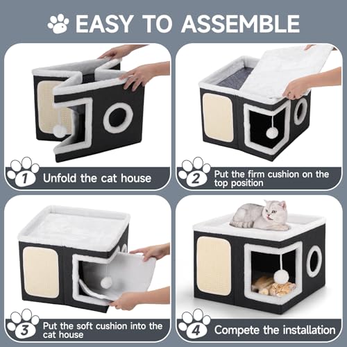 Cat House Bed for Indoor Cats with Fluffy Ball and Scratch Pad Black (Black / Large)