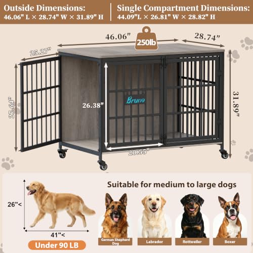 46 In Heavy Duty Dog Crate Furniture on Lockable Wheels (Grey / 46.1"L x 28.7"W x 31.9"H)