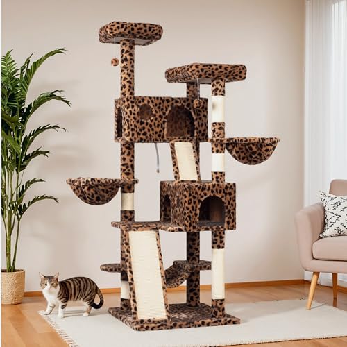 65in Multi Level Large Cat Tree Tower for Indoor Kitties (Leopard Print)