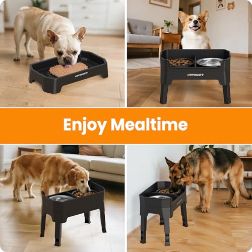 3-in-1 Elevated Dog Bowls with Slow Feeder & Licking Plate (Matte Black / Large)