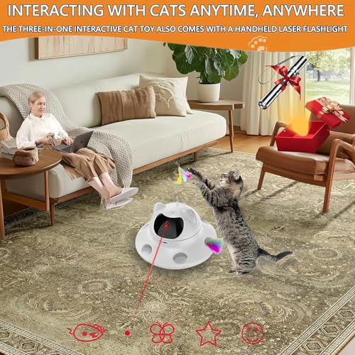 3-in-1 Auto Laser Cat Toy, USB Recharge Motion Activated Kitten Feather Chase Toy - Pure White (pure white)