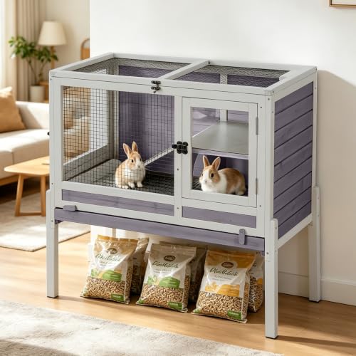 Wooden Guinea Pig Cages Indoor with Removable Stand (Grey & Purple)