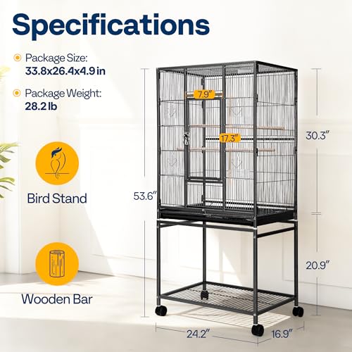 54 Inch Wrought Iron Large Bird Cage with Rolling Stand (Black)
