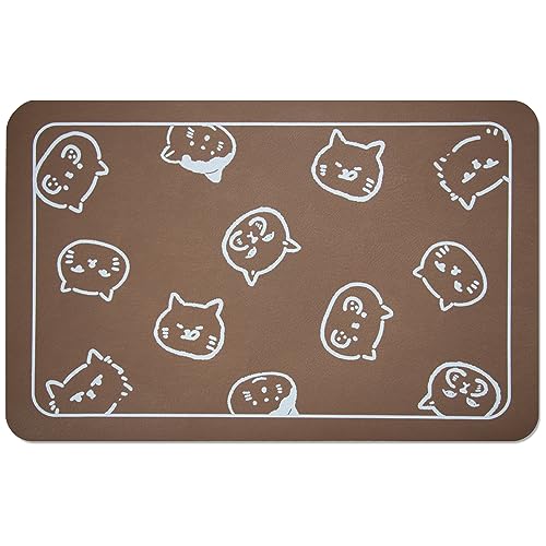 Cat Food and Water Mat for Pets (Brown & Multiple cat heads Logo / 24"L x 16.9"W)