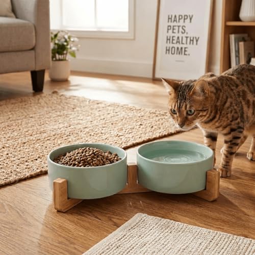 Ceramic Dog and Cat Bowl Set with Wooden Stand (1.7 cups / Morandi Green × 2)