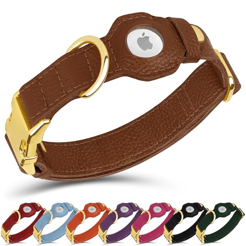 Leather Airtag Dog Collar (Brown / L, 17"-21" Neck Fit)