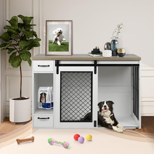 47.2" Heavy Duty Indoor Wood Dog Crate Furniture for Extra Large Dogs White (47.2"L x 23.6"W x 32.9"H / White)