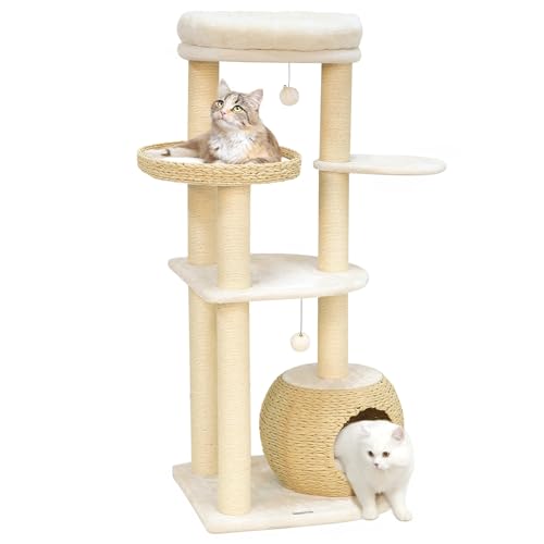 Modern Solid Wood Cat Tree for Large Cats 53 Inch (005 White)