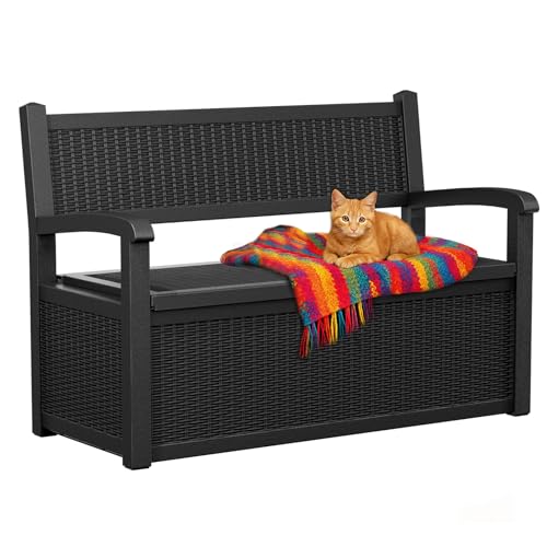 80 Gallon Outdoor Storage Bench Lockable Deck Box Outdoor Storage Box Waterproof for Patio (Black / 80 Gallon)