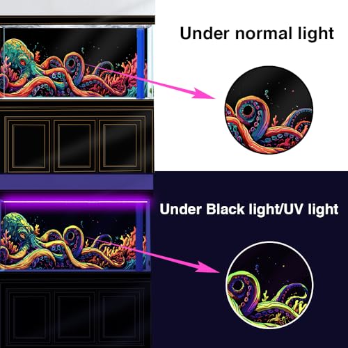 48X18IN Blacklight Octopus Sea Monster HD 3D Black Light Aquarium Background UV Reactive Background Terrarium Background with 10 EVA Double