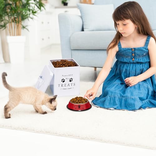 Farmhouse Cat Food and Treats Containers + Feed Scoop + Pet Food Bowl (Glossy White)