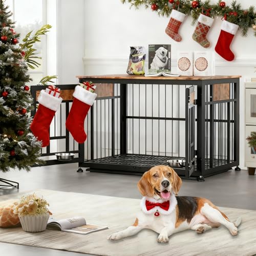 Large Dog Crate Furniture (Rustic Brown & Black / 42.9"L x 38.3"W x 30.0"H)