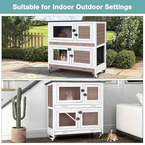 36" 2 Story Wooden Rabbit Hutch with Chew ((Brown-AIR77))