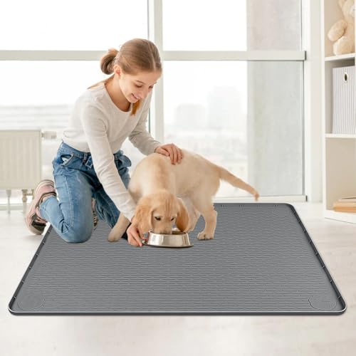 Cat Food Mat Extra Large Silicone Pet Bowl Mat 40''x28'' (Dark Grey / 40"L x 28"W)