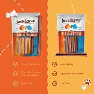 Jack&Pup 6" Beef Collagen Sticks | Rawhide Free, Long Lasting Dog Chews | Healthy Single Ingredient Treats for Medium Dogs | Bully Stick Alternative (10 Pack)