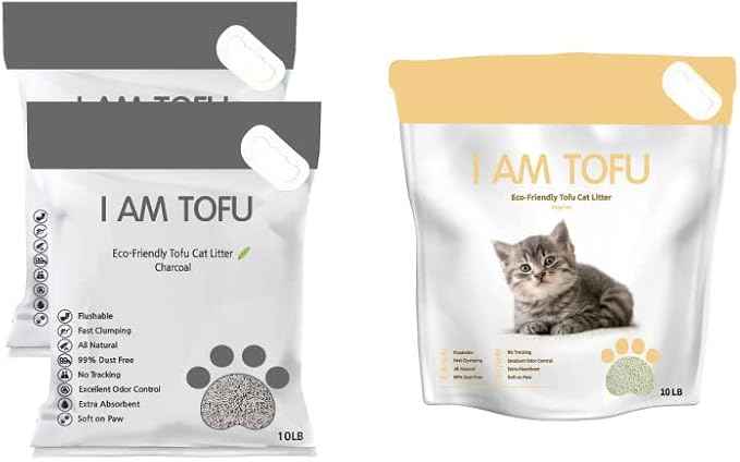I AM TOFU - Tofu Cat Litter, Natural Flushable Extra Clumping Pellet Litter, 10LB x 3 (Charcoal 2 & Original 1)