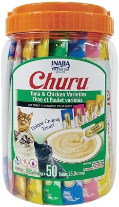 INABA Churu Cat Treats, Grain-Free, Lickable, Squeezable Creamy Purée Cat Treat/Topper with Vitamin E & Taurine, 0.5 Ounces Each Tube, 50 Tubes, Tuna & Chicken Variety