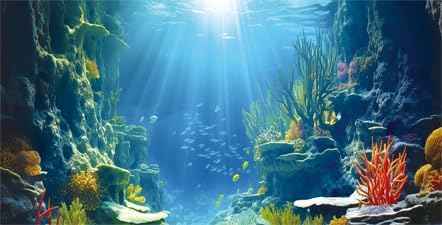 36X20IN Blue Sea Floor Aquarium Background, Natural Underwater World 3D Effect Fish Tank Decorations Background, Art Terrarium Background with 8 EVA Double-Sided Tape
