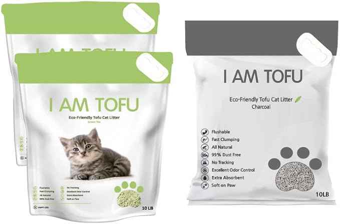 I AM TOFU - Tofu Cat Litter, Natural Flushable Extra Clumping Pellet Litter, 10LB x 3 (Green Tea 2 & Charcoal 1)