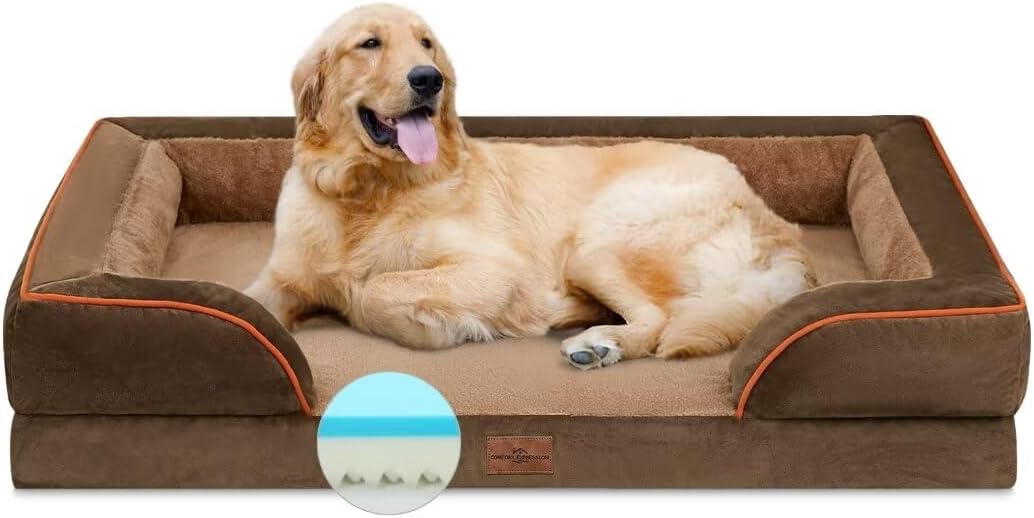 Comfort Expression Dog Bed for Extra Large Dogs, Orthopedic Memory Foam Dogs Beds, XL Dog Bed with Removable Cover, Waterproof Pet Beds Large with Bolster(X-Large,Khaki Brown) - Pet Explorer