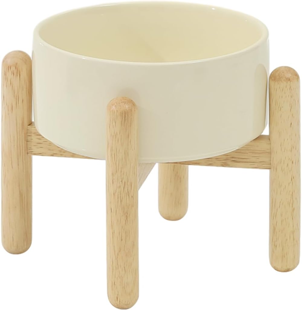 Ceramic 6.1inch Raised Dog Bowl with Stand for Small and Medium Dog Dish Pet Food and Water Bowl (Single Bowl with Stand - Beige) - Pet Explorer