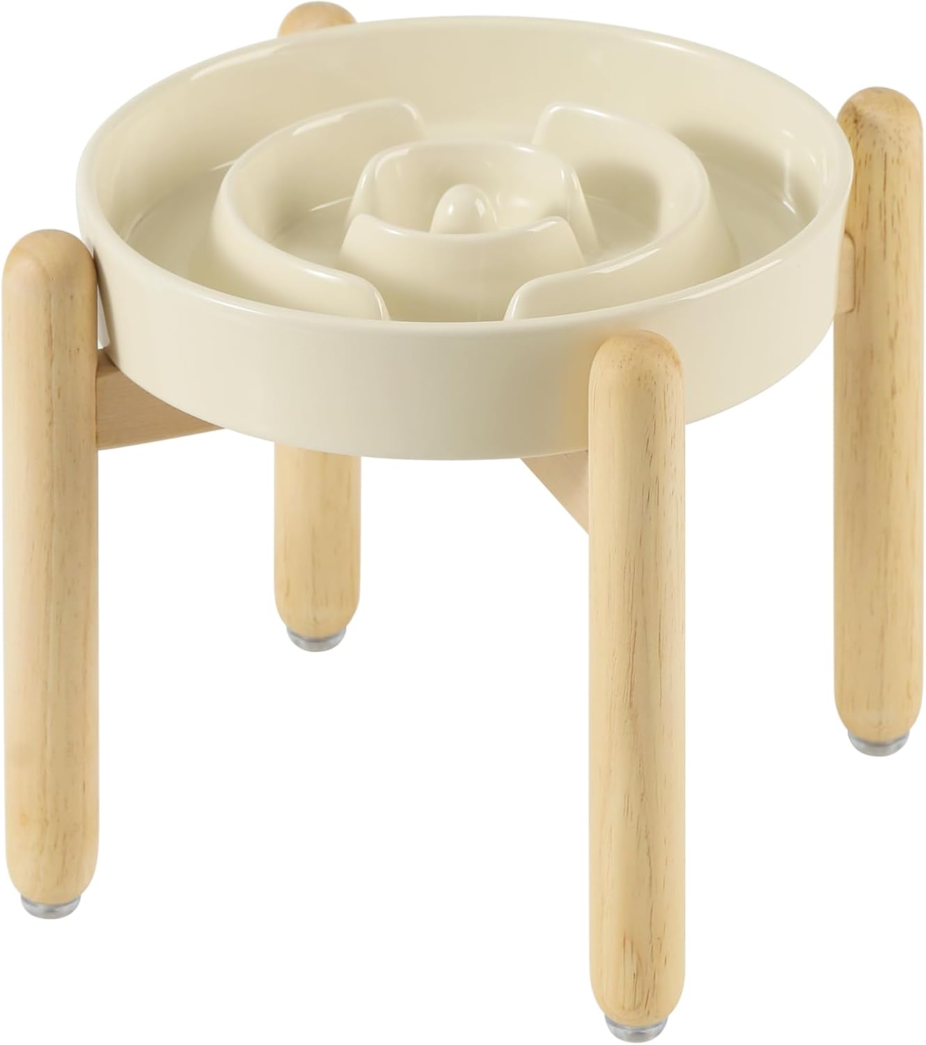 7.3inch Ceramic Raised Slow Feeder Dog Bowl Set, Elevated Wooden Stand for Medium and Small Dog, Puzzle Slow Dish, Anti-Gulping(Beige, Single Bowl+ Stand) - Pet Explorer