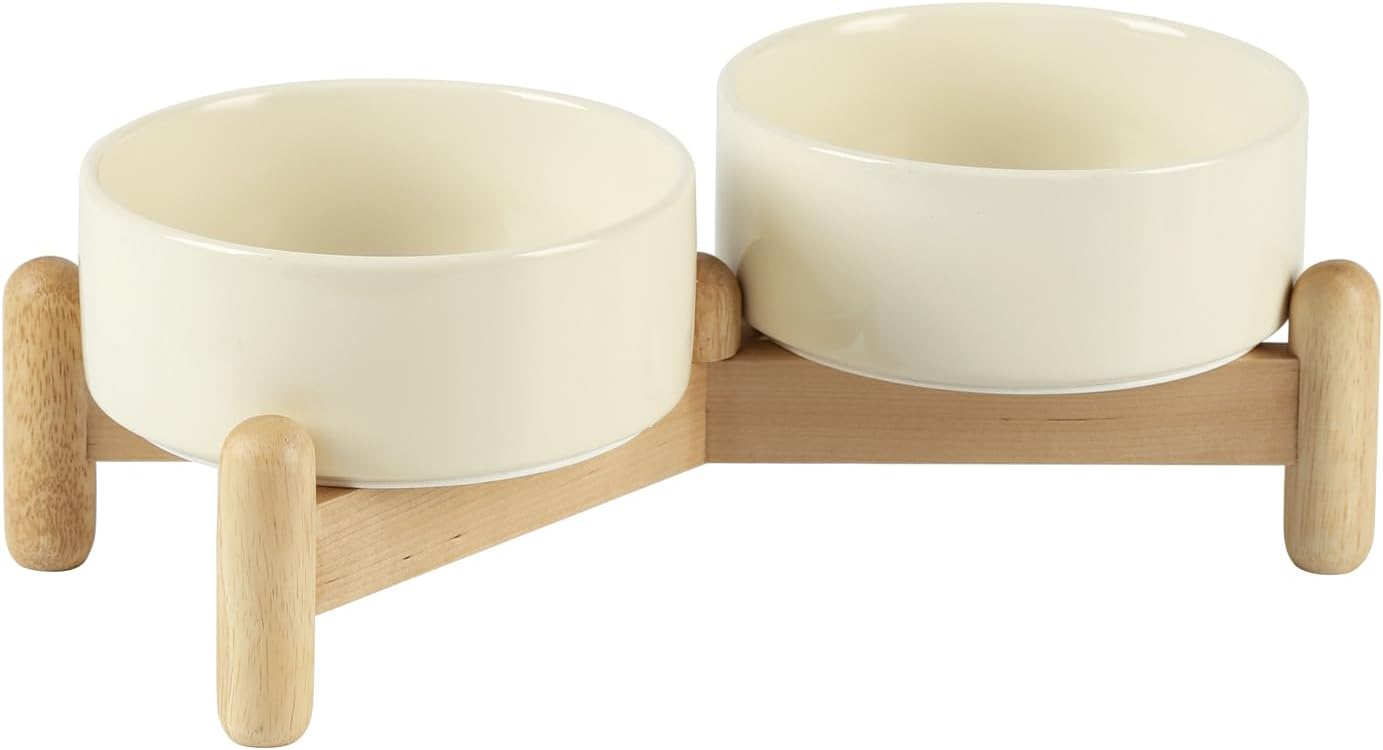 Ceramic 5.1inch Raised Double Bowls Set with Wooden Stand, Elevated Food & Water Bowls for Small Breed Dogs, Cats, Kitty, Weighted Dog Dishes, Pet Bowls(13.5oz, Beige) - Pet Explorer