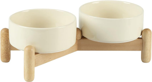 Ceramic 5.1inch Raised Double Bowls Set with Wooden Stand, Elevated Food & Water Bowls for Small Breed Dogs, Cats, Kitty, Weighted Dog Dishes, Pet Bowls(13.5oz, Beige) - Pet Explorer