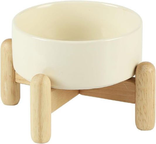 Ceramic 5.1inch Raised Dog and Cat Bowl Set, Elevated with Wooden Stand, Food and Water Bowl for Small Breed Dogs, Cats, Kitty, Weighted Dog Dishes, Pet Bowls(13.5oz, Beige) - Pet Explorer